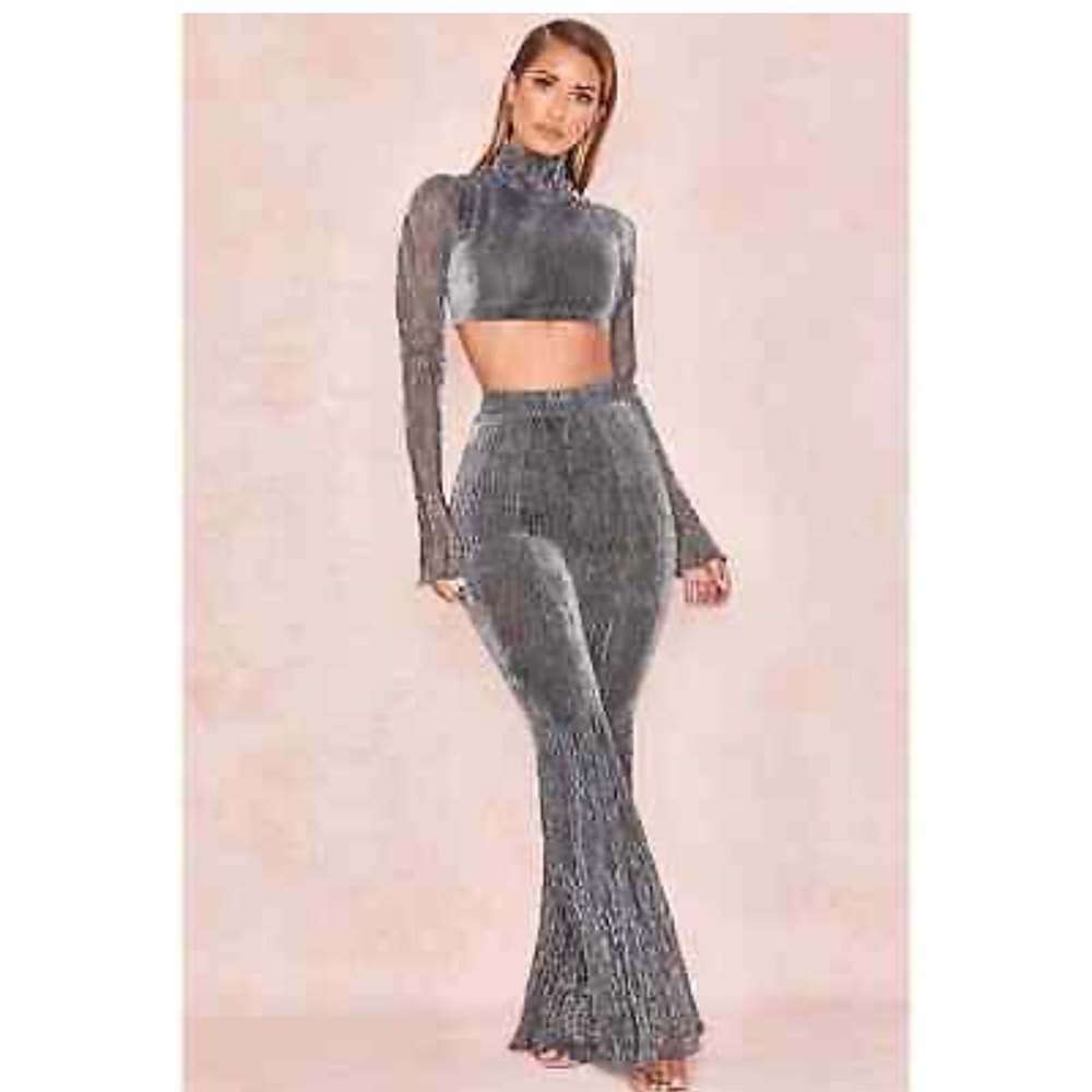 HOUSE OF CB ALEXANDRA SILVER LUREX FLARE LEG TROUSERS XS